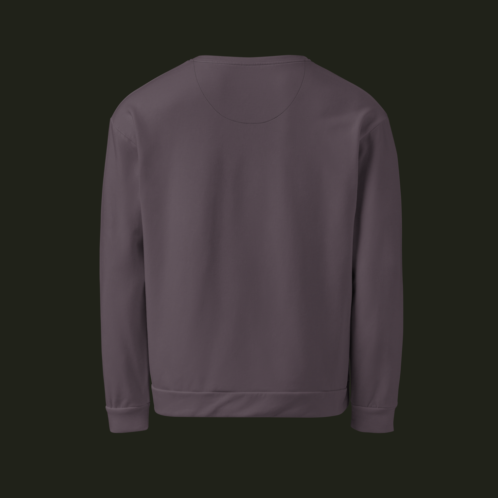 Back view of the Sermavyn recycled unisex sweatshirt in a muted plum-grey tone with long sleeves and a ribbed hem.