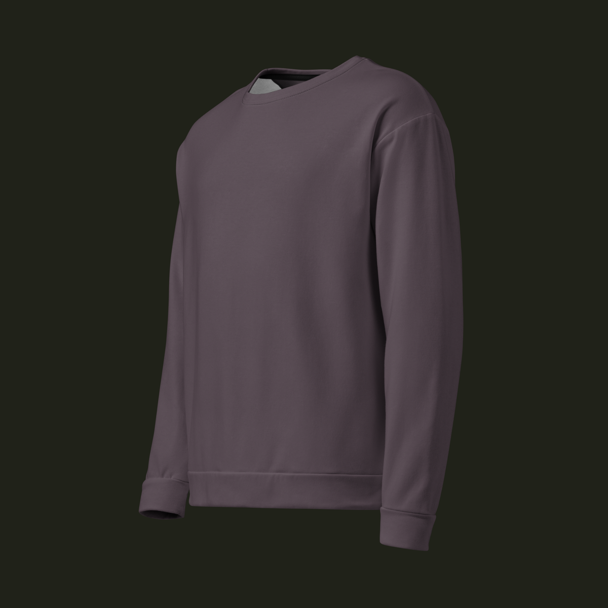 Left-front angled view of the Sermavyn recycled unisex sweatshirt in muted plum-grey, showing the relaxed shape, long sleeves and ribbed finishes.