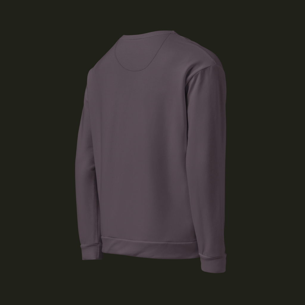 Right-back angled view of the Sermavyn recycled unisex sweatshirt in muted plum-grey, showing the back, long sleeve and ribbed cuff.