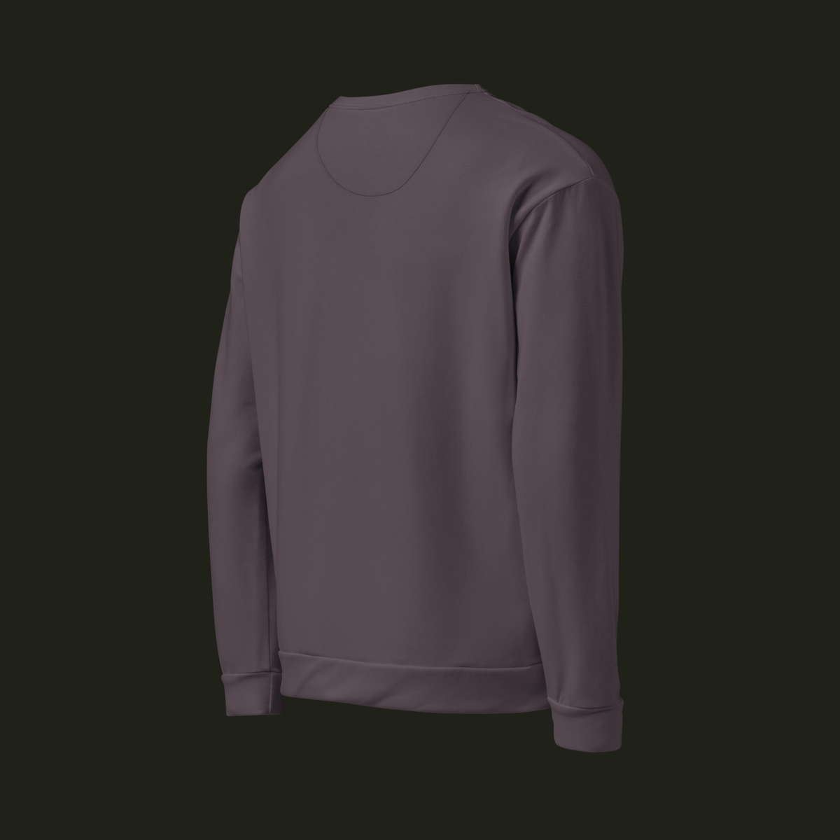 Right-back angled view of the Sermavyn recycled unisex sweatshirt in muted plum-grey, showing the back, long sleeve and ribbed cuff.