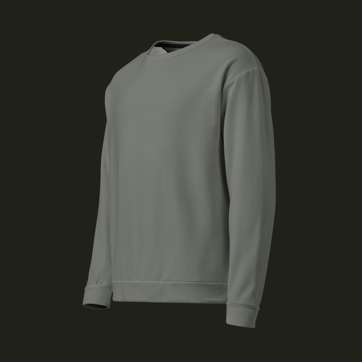 Left-front angled view of the Talyvess recycled unisex sweatshirt in soft olive-grey, showing the relaxed shape, long sleeves and ribbed finishes.
