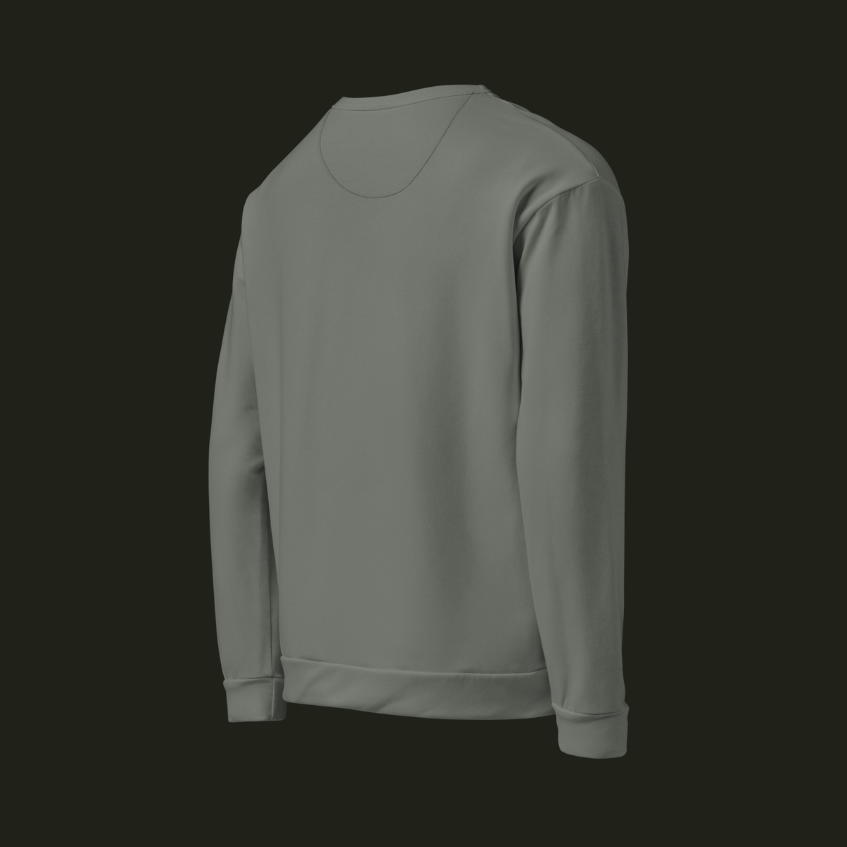 Right-back angled view of the Talyvess recycled unisex sweatshirt in soft olive-grey, showing the back, long sleeve and ribbed cuff.