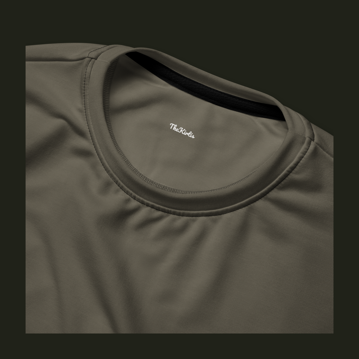 Close-up of the Tauraveth recycled sweatshirt neckline in muted taupe-grey, showing the crew neck stitching and TheKirtis inner neck print.