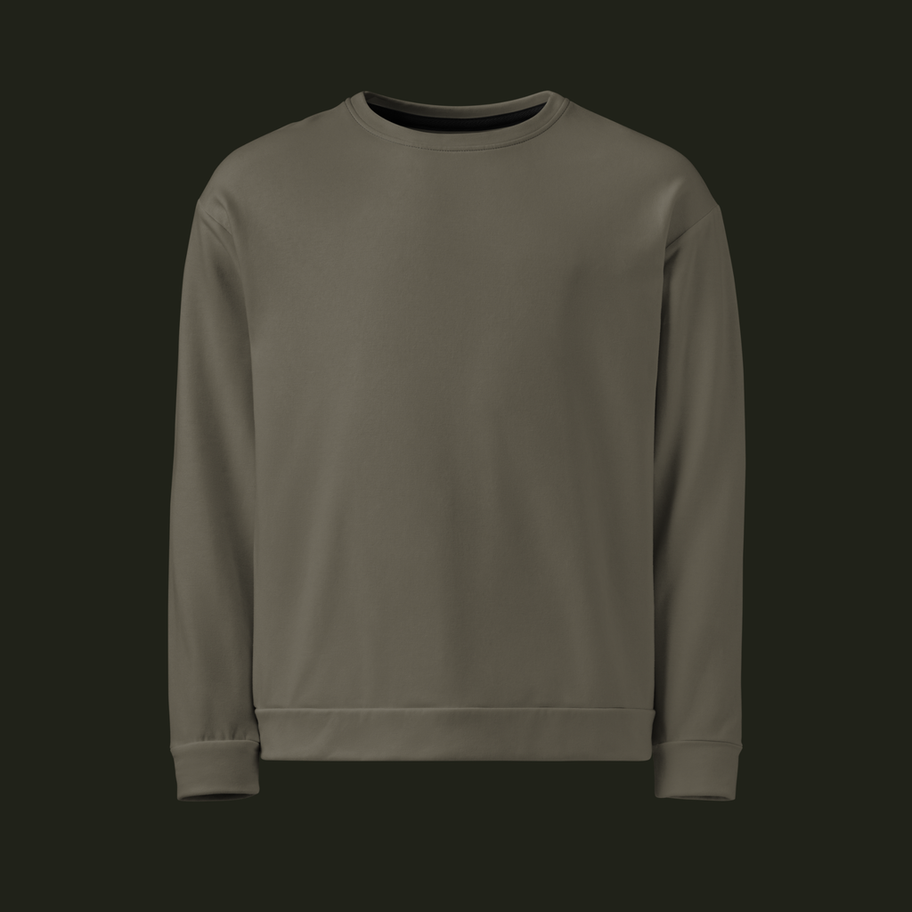 Front view of the Tauraveth recycled unisex sweatshirt in a muted taupe-grey tone with a crew neck, long sleeves and ribbed cuffs and hem.