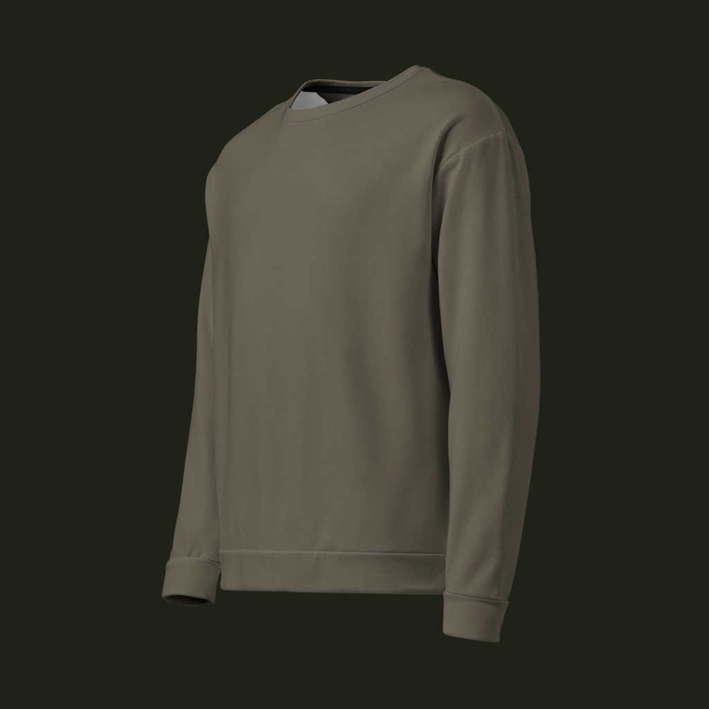 Left-front angled view of the Tauraveth recycled unisex sweatshirt in muted taupe-grey, showing the relaxed shape, long sleeves and ribbed finishes.