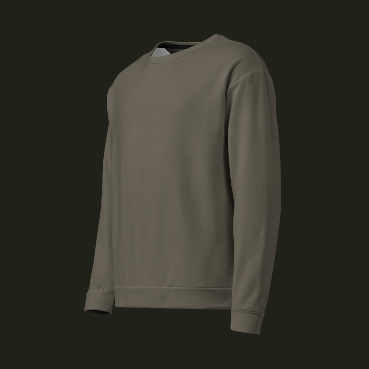 Left-front angled view of the Tauraveth recycled unisex sweatshirt in muted taupe-grey, showing the relaxed shape, long sleeves and ribbed finishes.