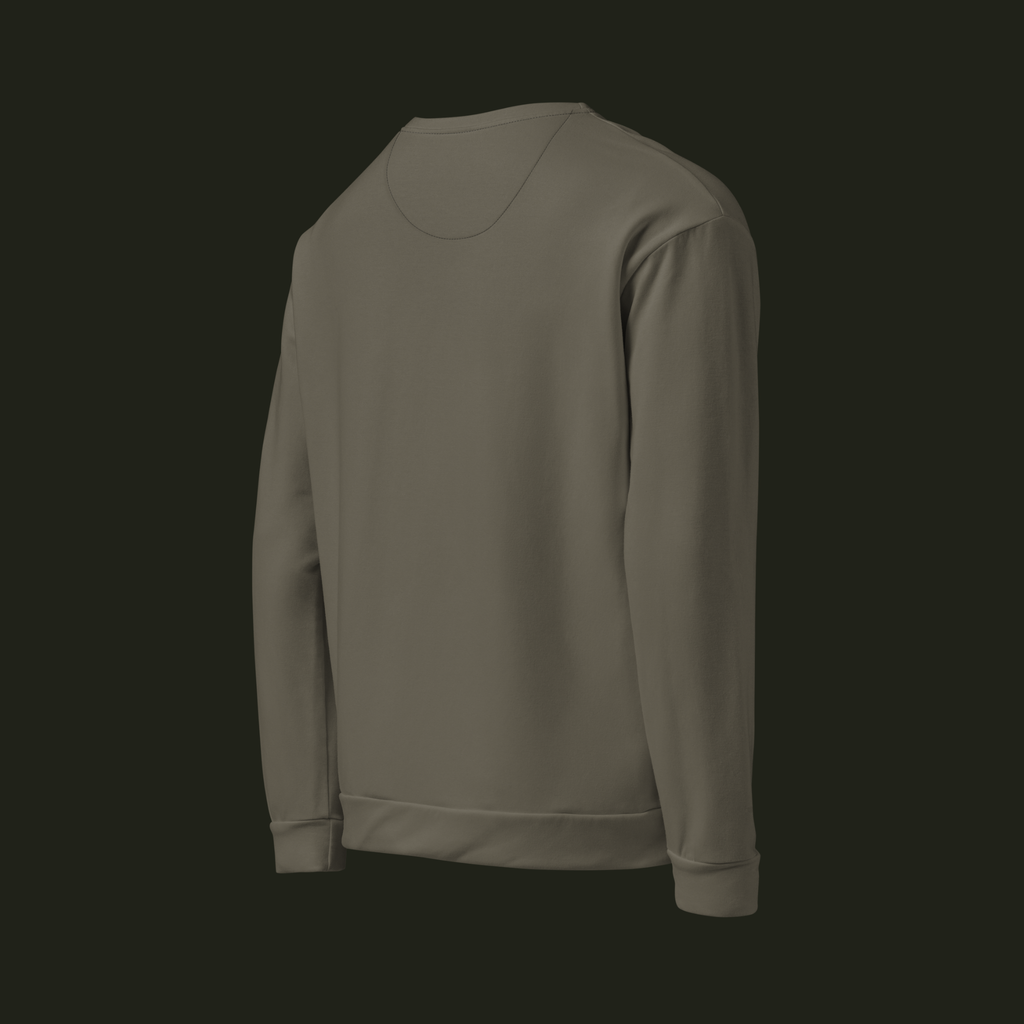 Right-back angled view of the Tauraveth recycled unisex sweatshirt in muted taupe-grey, showing the back, long sleeve and ribbed cuff.