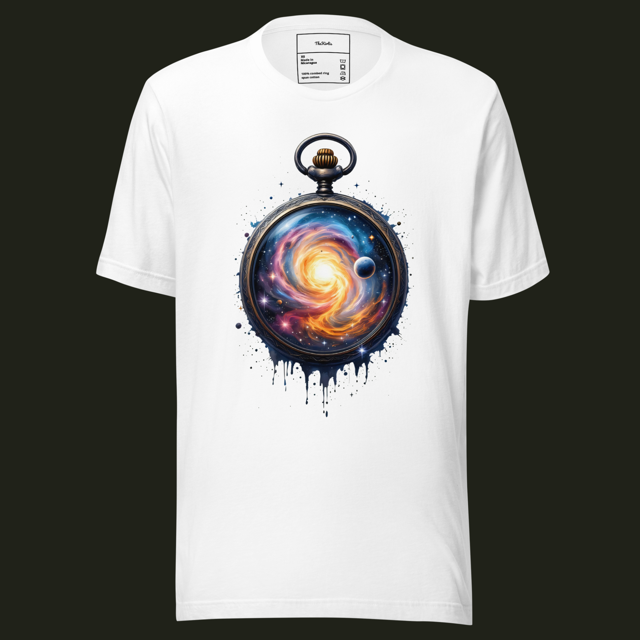 Timeless Journey unisex t-shirt in white featuring a pocket watch filled with a spiral galaxy, stars and a planet.