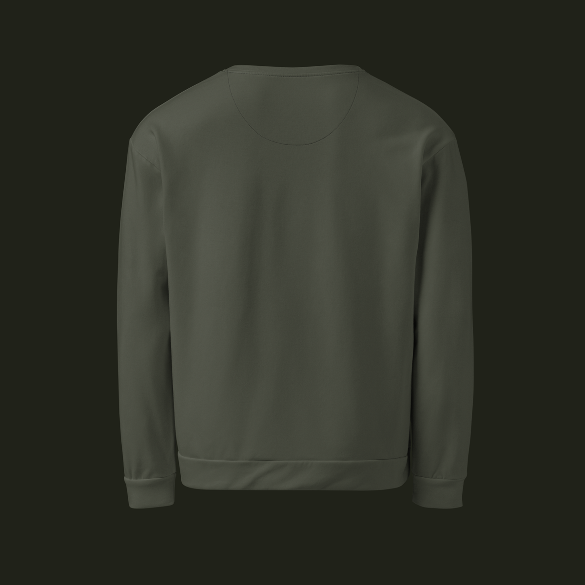 Back view of the Vardiqen recycled unisex sweatshirt in a deep olive-grey tone with long sleeves and a ribbed hem.