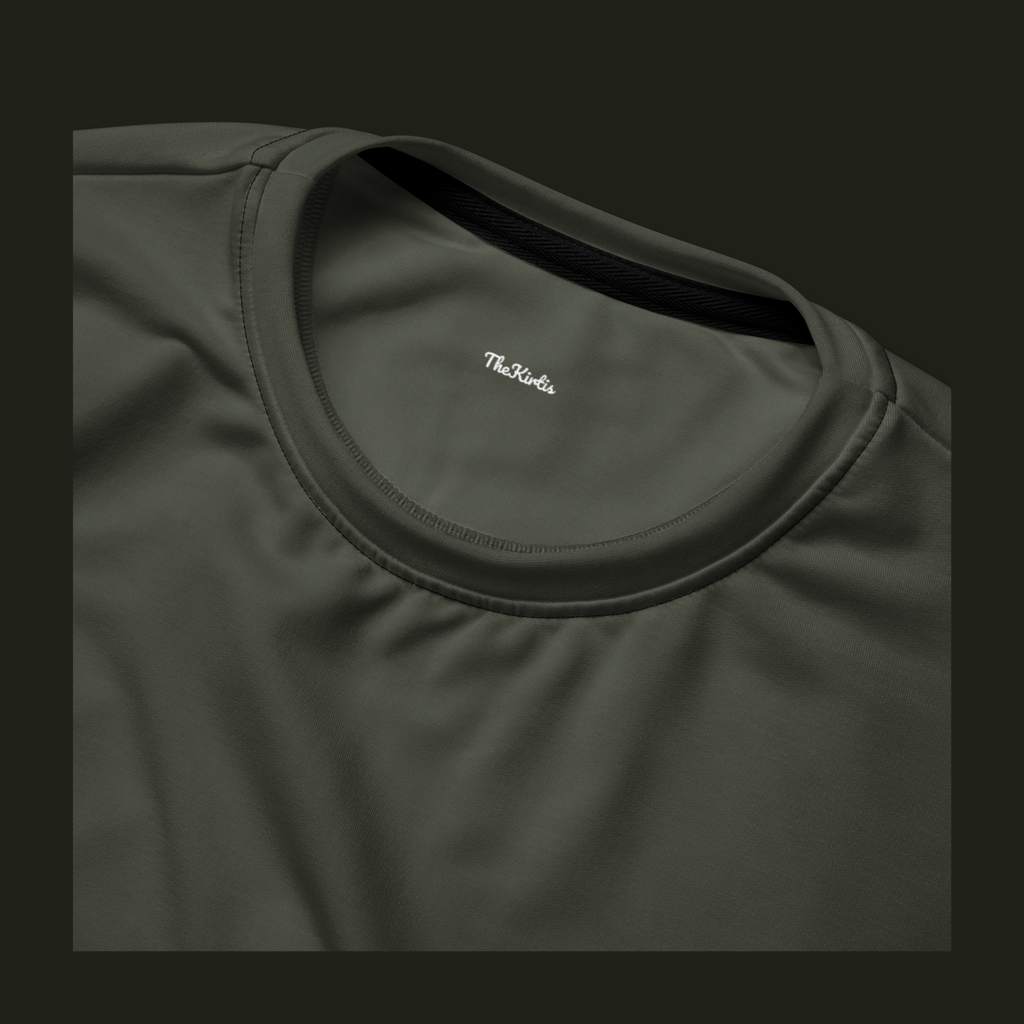 Close-up of the Vardiqen recycled sweatshirt neckline in deep olive-grey, showing the crew neck stitching and TheKirtis inner neck print.