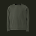 Front view of the Vardiqen recycled unisex sweatshirt in a deep olive-grey tone with a crew neck, long sleeves and ribbed cuffs and hem.