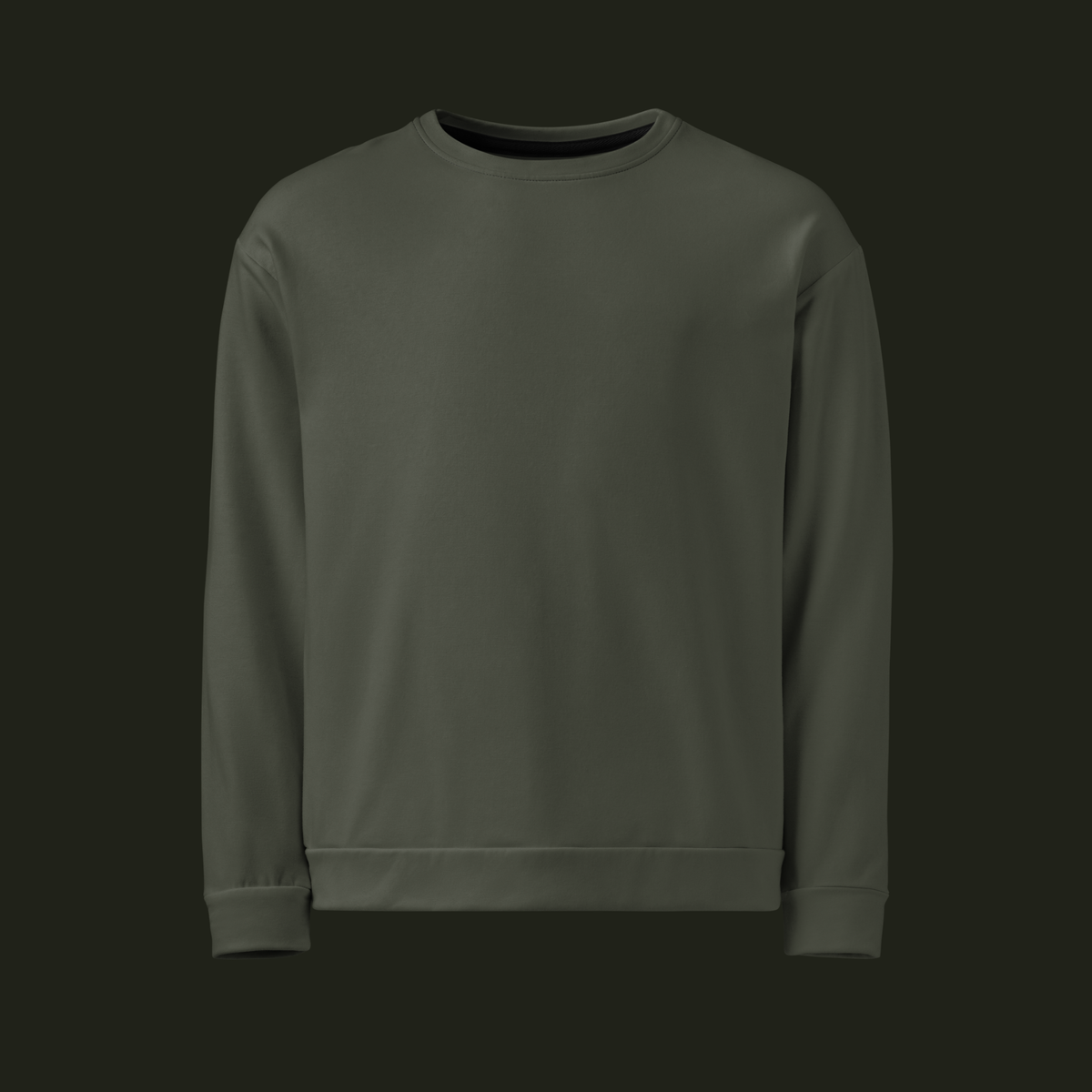 Front view of the Vardiqen recycled unisex sweatshirt in a deep olive-grey tone with a crew neck, long sleeves and ribbed cuffs and hem.