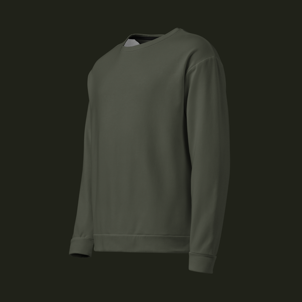Left-front angled view of the Vardiqen recycled unisex sweatshirt in deep olive-grey, showing the relaxed shape, long sleeves and ribbed finishes.