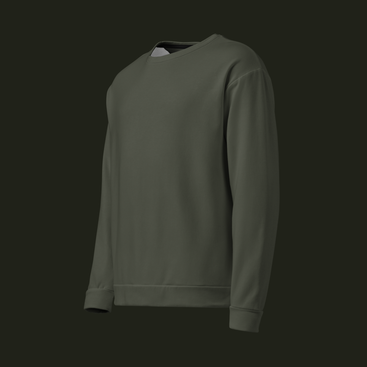 Left-front angled view of the Vardiqen recycled unisex sweatshirt in deep olive-grey, showing the relaxed shape, long sleeves and ribbed finishes.