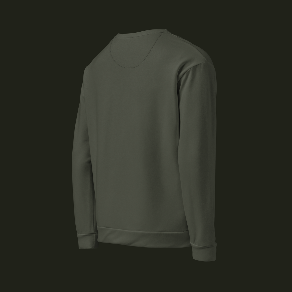 Right-back angled view of the Vardiqen recycled unisex sweatshirt in deep olive-grey, showing the back, long sleeve and ribbed cuff.