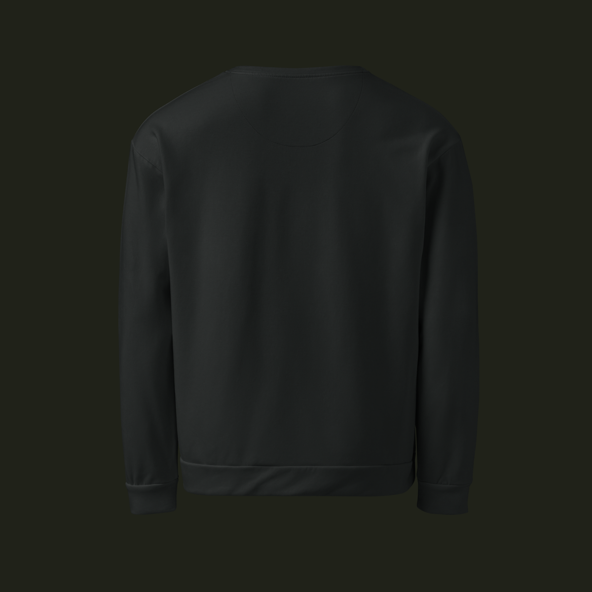Back view of the Velisqen recycled unisex sweatshirt in a near-black charcoal tone with long sleeves and a ribbed hem.