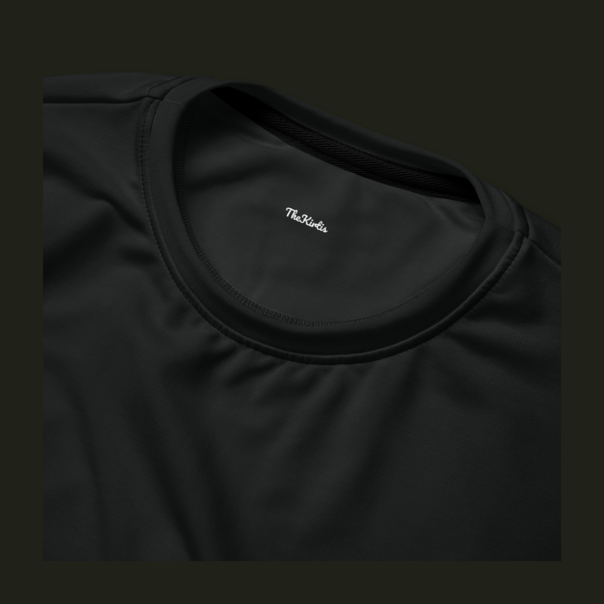 Close-up of the Velisqen recycled sweatshirt neckline in near-black charcoal, showing the crew neck stitching and TheKirtis inner neck print.