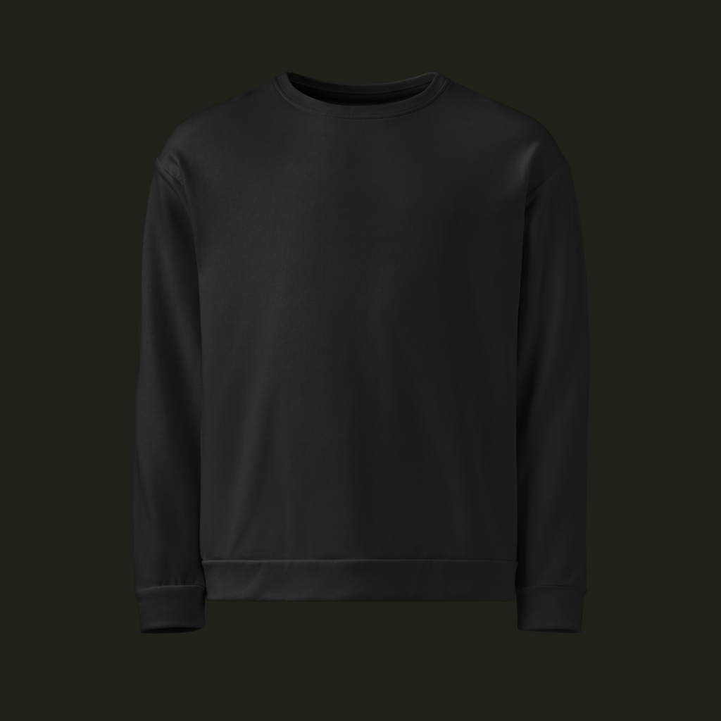 Front view of the Velisqen recycled unisex sweatshirt in a near-black charcoal tone with a crew neck, long sleeves and ribbed cuffs and hem.