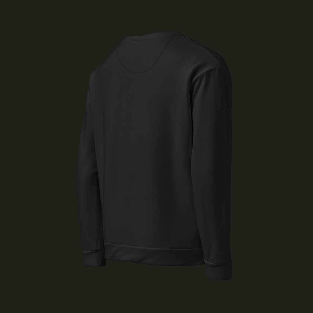 Right-back angled view of the Velisqen recycled unisex sweatshirt in near-black charcoal, showing the back, long sleeve and ribbed cuff.