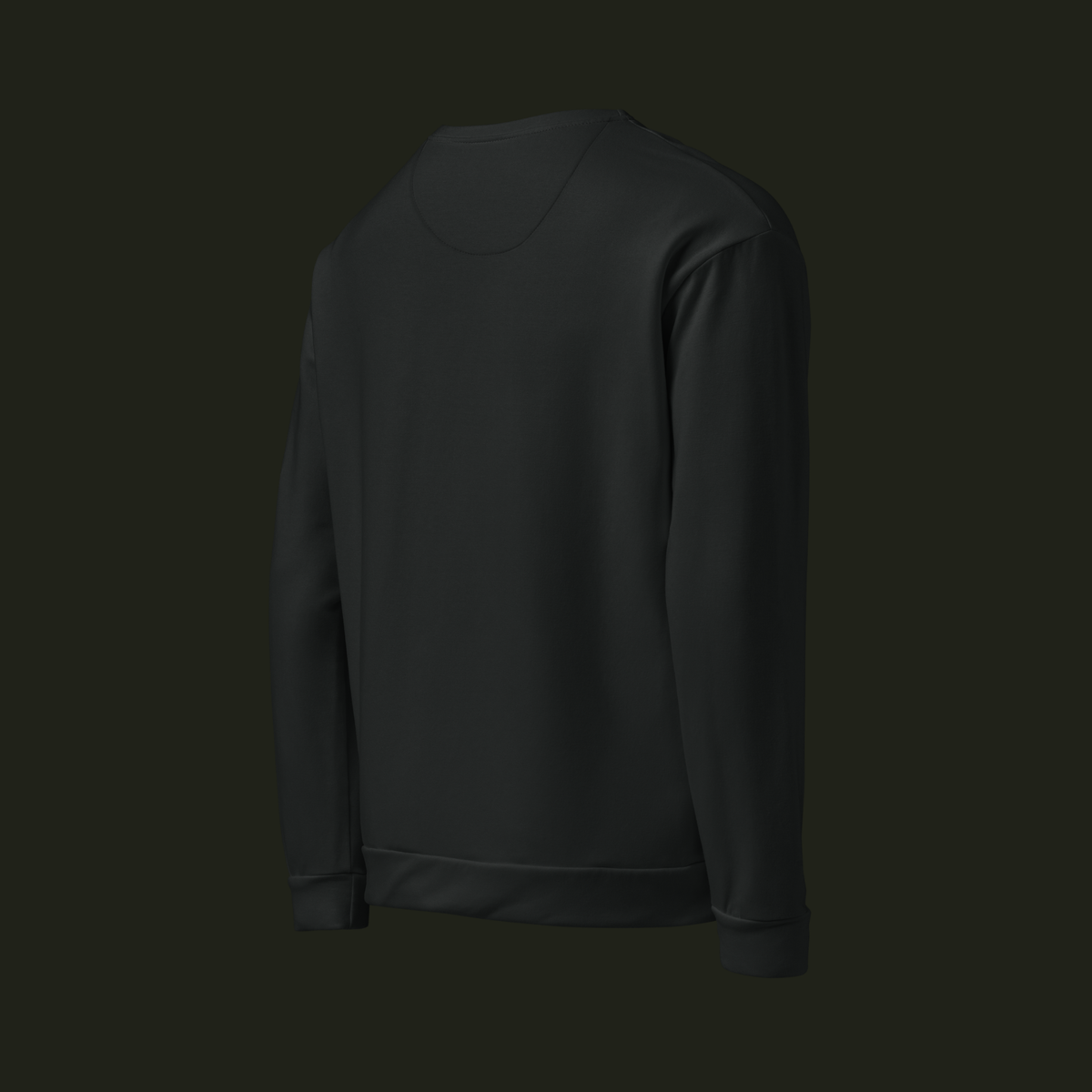 Right-back angled view of the Velisqen recycled unisex sweatshirt in near-black charcoal, showing the back, long sleeve and ribbed cuff.