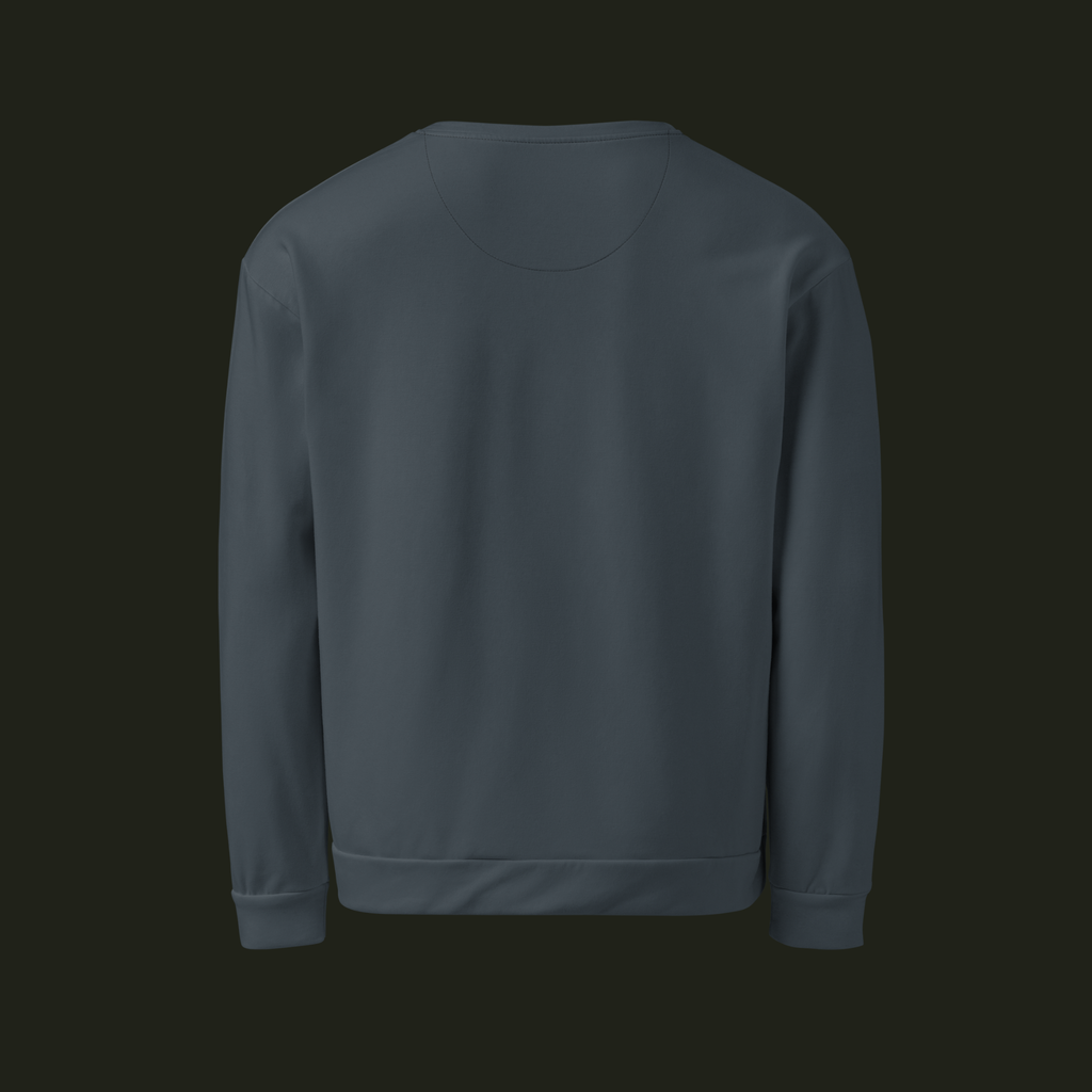 Back view of the Veysalor recycled unisex sweatshirt in a deep slate blue-grey tone with long sleeves and a ribbed hem.