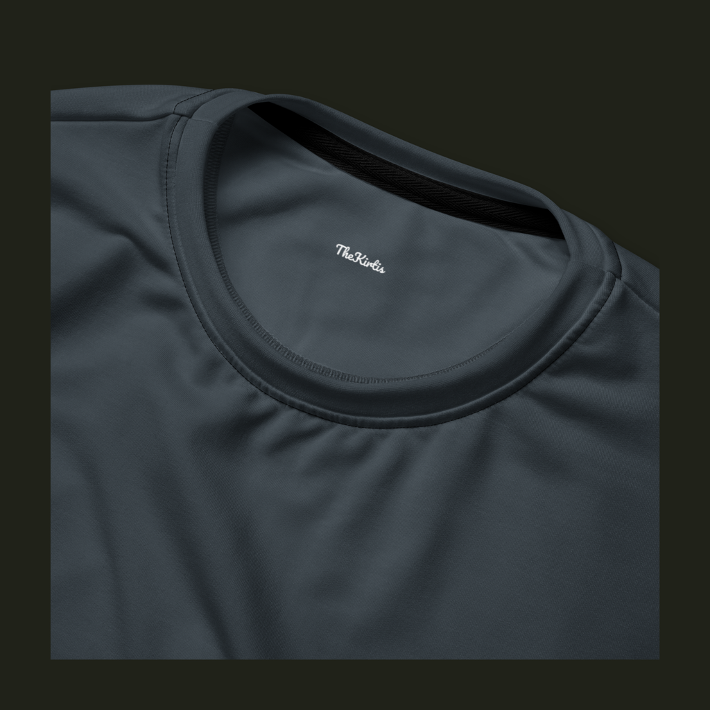 Close-up of the Veysalor recycled sweatshirt neckline in deep slate blue-grey, showing the crew neck stitching and TheKirtis inner neck print.