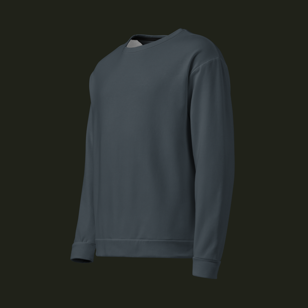 Left-front angled view of the Veysalor recycled unisex sweatshirt in deep slate blue-grey, showing the relaxed shape, long sleeves and ribbed finishes.