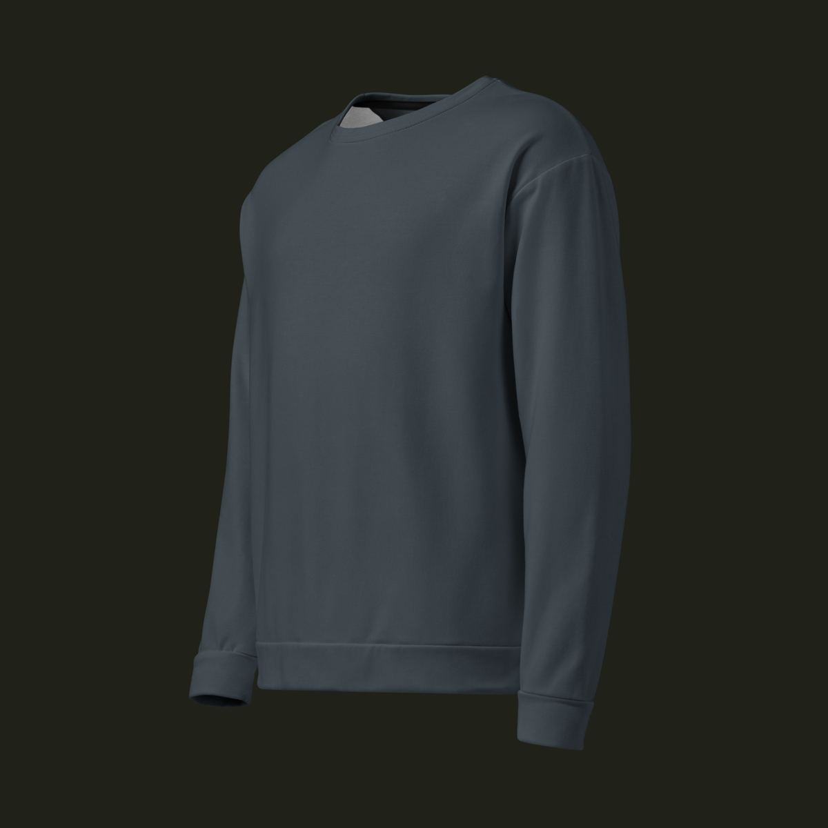 Left-front angled view of the Veysalor recycled unisex sweatshirt in deep slate blue-grey, showing the relaxed shape, long sleeves and ribbed finishes.