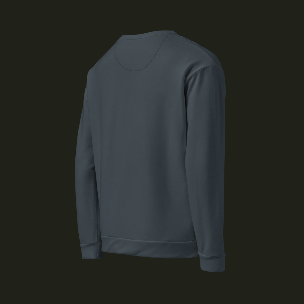 Right-back angled view of the Veysalor recycled unisex sweatshirt in deep slate blue-grey, showing the back, long sleeve and ribbed cuff.