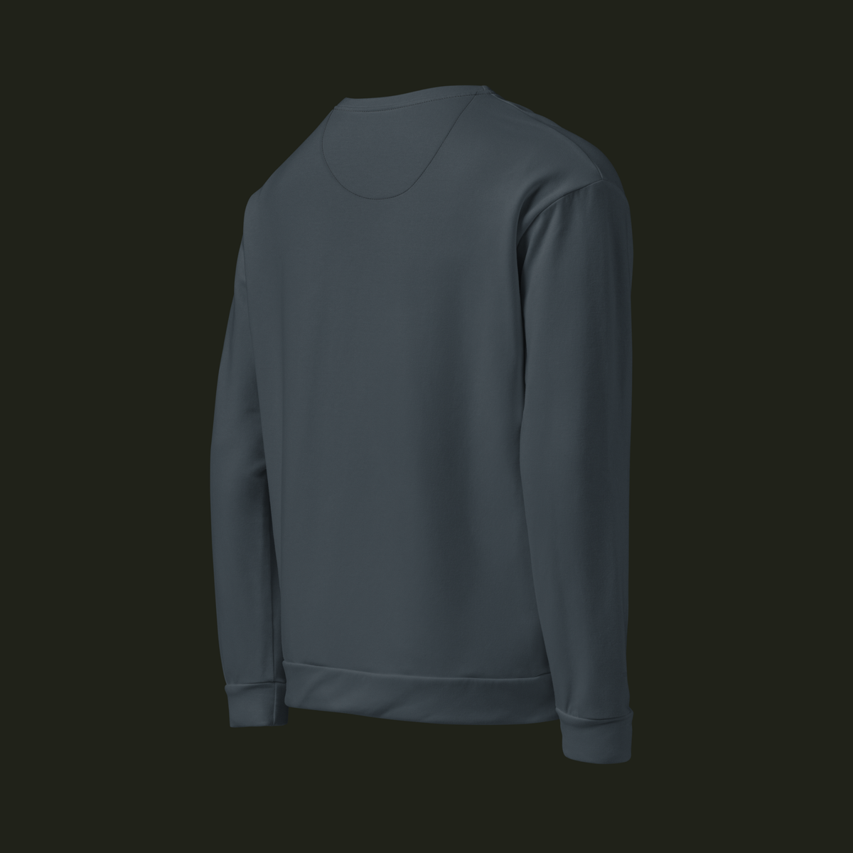 Right-back angled view of the Veysalor recycled unisex sweatshirt in deep slate blue-grey, showing the back, long sleeve and ribbed cuff.