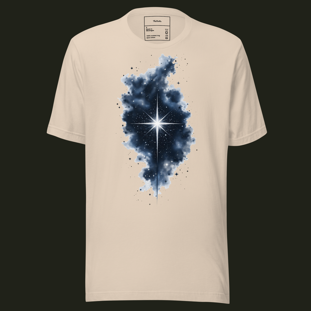 Within the Darkness unisex t-shirt in soft cream featuring a radiant white star surrounded by a dark nebula and scattered stars.