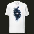 Within the Darkness unisex t-shirt in white featuring a radiant white star surrounded by a dark nebula and scattered stars.