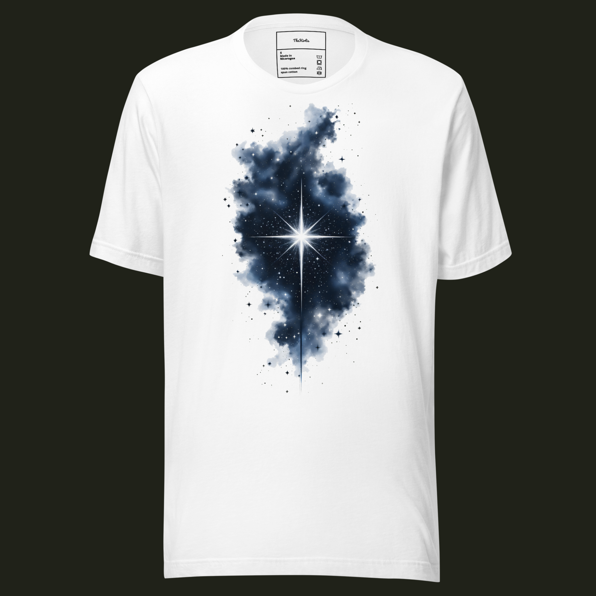 Within the Darkness unisex t-shirt in white featuring a radiant white star surrounded by a dark nebula and scattered stars.