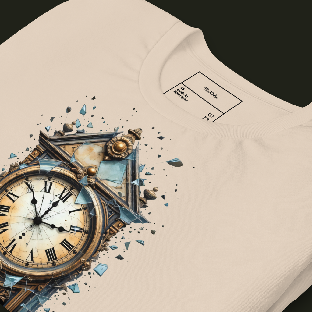 Close-up of the Worn-Out Clock artwork on a soft cream unisex t-shirt highlighting the cracked clock face and shattered glass.