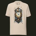 Worn-Out Clock unisex t-shirt in soft cream featuring a distressed vintage wall clock with shattered glass.