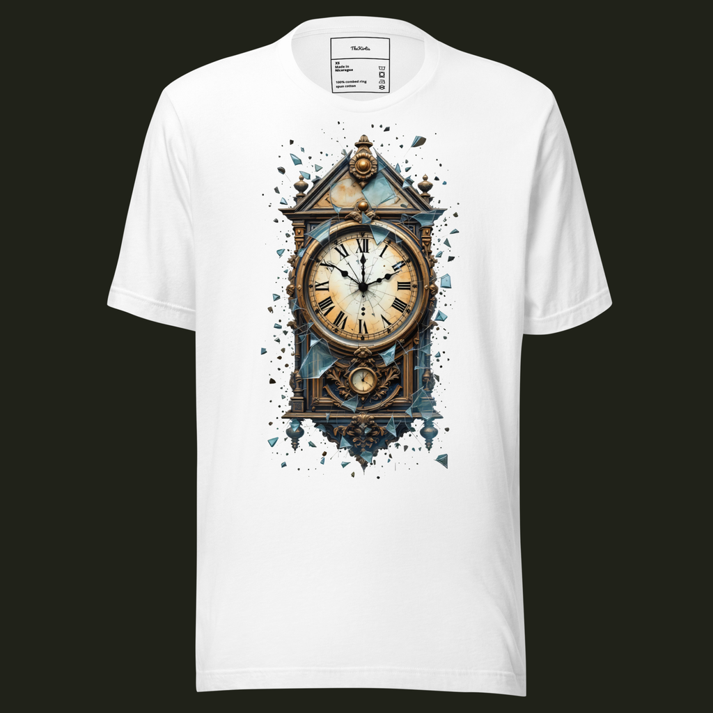 Worn-Out Clock unisex t-shirt in white featuring a distressed vintage wall clock with shattered glass.